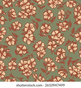 
Seamless vector pattern with hand drawn flowers on pale green background.