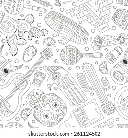 Seamless vector pattern with hand drawn mexican elements - guitar, sombrero, tequila, taco, skull, aztec mask, music instruments. Perfect artistic background for your design. 