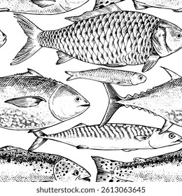 Padrão vetorial contínuo de peixes desenhados à mão em preto e branco. Esta ilustração estilo vintage apresenta uma escola de peixes nadando em uma direção, para tecidos com tema marinho, embalagem, fundos