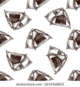 Seamless vector pattern with hand drawn camping tents in vintage sketch style. Monochrome brown illustration on white background. Perfect for travel, adventure, tourism, and hiking design projects.
