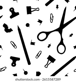 Seamless vector pattern of hand drawn stationery supplies in black and white. This illustration features pencils, pens, scissors. Ideal for wrapping paper and textiles. With a white background