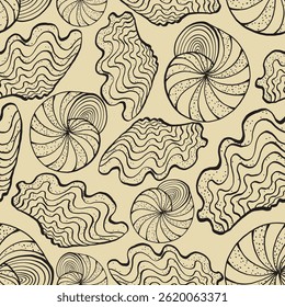 Seamless vector pattern of hand drawn seashells. Nautical design. Ocean pattern for textile, wallpaper and interior design. Summer print for background, textile, fabric