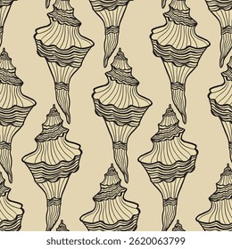 Seamless vector pattern of hand drawn seashells. Nautical design. Ocean pattern for textile, wallpaper and interior design. Summer print for background, textile, fabric