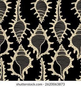 Seamless vector pattern of hand drawn seashells. Nautical design. Ocean pattern for textile, wallpaper and interior design. Summer print for background, textile, fabric