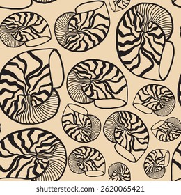 Seamless vector pattern of hand drawn seashells. Nautical design. Ocean pattern for textile, wallpaper and interior design. Summer print for background, textile, fabric