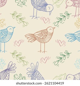 Seamless vector pattern with hand drawn birds, flowers and hearts. Vector illustration.