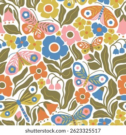 Padrão de vetor sem costura com borboleta desenhada à mão, libélula em fundo floral. Ilustração moderna boho floral. Perfeito para design de impressão têxtil, papel de parede ou viveiro. Arquivo de vetor EPS10.