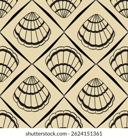 Seamless vector pattern of hand drawn seashells. Nautical design. Ocean pattern for textile, wallpaper and interior design. Summer print for background, textile, fabric