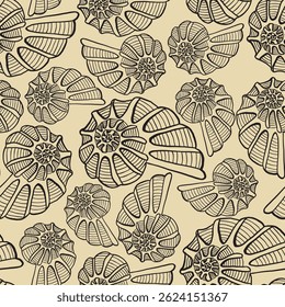 Seamless vector pattern of hand drawn seashells. Nautical design. Ocean pattern for textile, wallpaper and interior design. Summer print for background, textile, fabric