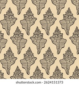 Seamless vector pattern of hand drawn seashells. Nautical design. Ocean pattern for textile, wallpaper and interior design. Summer print for background, textile, fabric