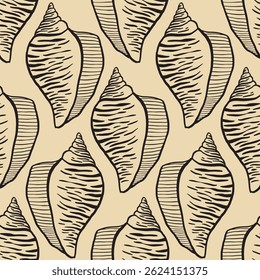 Seamless vector pattern of hand drawn seashells. Nautical design. Ocean pattern for textile, wallpaper and interior design. Summer print for background, textile, fabric