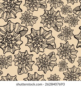 Seamless vector pattern of hand drawn seashells. Nautical design. Ocean pattern for textile, wallpaper and interior design. Summer print for background, textile, fabric