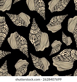 Seamless vector pattern of hand drawn seashells. Nautical design. Ocean pattern for textile, wallpaper and interior design. Summer print for background, textile, fabric