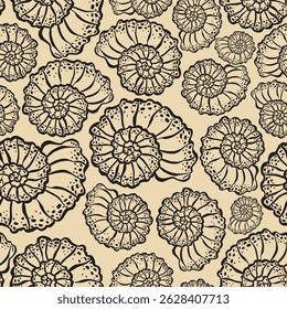 Seamless vector pattern of hand drawn seashells. Nautical design. Ocean pattern for textile, wallpaper and interior design. Summer print for background, textile, fabric