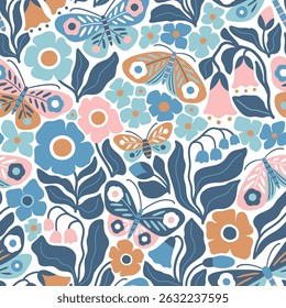 Padrão de vetor sem costura com borboleta desenhada à mão, libélula em fundo floral. Ilustração moderna boho floral. Perfeito para design de impressão têxtil, papel de parede ou viveiro. Arquivo de vetor EPS10.