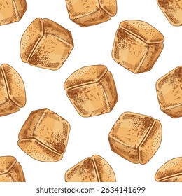 Seamless vector pattern with hand drawn rectangular bread loaves in vintage engraving style. The design features classic brown loaves, evenly spaced on a white background. 