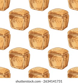 Seamless vector pattern with hand drawn rectangular bread loaves in vintage engraving style. The design features classic brown loaves, evenly spaced on a white background.