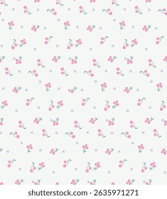 Seamless Vector Pattern with Hand Drawn Pink Cherries and Lilac Polka Dots on White Background