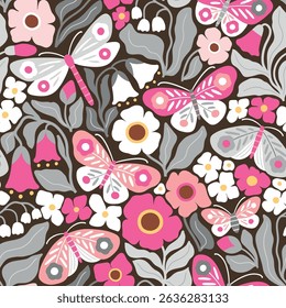 	
Padrão de vetor sem costura com borboleta desenhada à mão, libélula em fundo floral. Ilustração moderna boho floral. Perfeito para design de impressão têxtil, papel de parede ou viveiro. Arquivo de vetor EPS10.