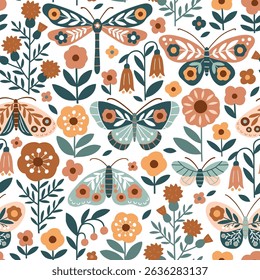 Padrão de vetor sem costura com borboleta desenhada à mão, libélula em fundo floral. Ilustração moderna boho floral. Perfeito para design de impressão têxtil, papel de parede ou viveiro. Arquivo de vetor EPS10.