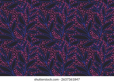 Seamless vector pattern with hand drawn botanical leaves and organic dots in a blue and pink hue on a black background. Simple design for textiles, wallpapers, packaging, stationery