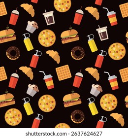 Seamless vector pattern with hand drawn fast food vector elements. Wallpaper for cafe or diner on dark background. Backdrop with snacks and drinks in simple geometric shapes