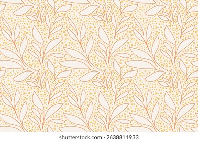 seamless vector pattern with hand drawn botanical leaves and organic dots in a warm orange and yellow hue on a light background. Simple design for textiles, wallpapers, packaging, stationery
