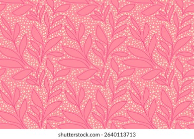 Seamless vector pattern with hand drawn botanical leaves and organic dots in a pink and yellow hue on a peach background. Simple design for textiles, wallpapers, packaging, stationery