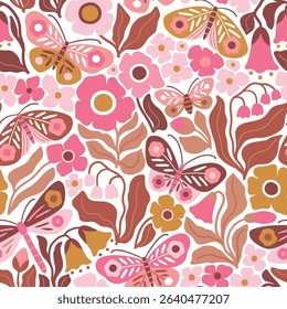 	
Seamless vector pattern with hand drawn butterfly, dragonfly on floral background. Modern boho floral illustration. Perfect for textile, wallpaper or nursery print design. EPS10 vector file.