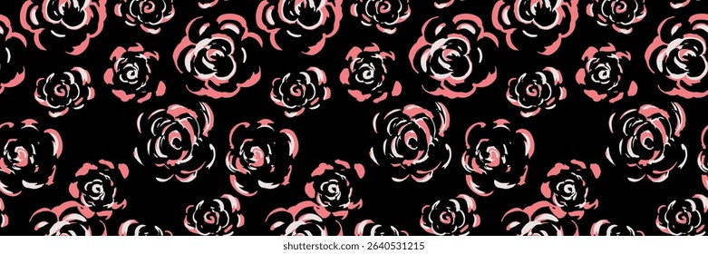 Seamless vector pattern with hand drawn abstract roses. Red flowers on a black background. Artistic floral design for textiles, wallpapers, decor, packaging, branding