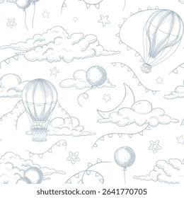 Vetor sem emenda Padrão com balões de ar quente desenhados à mão, nuvens e estrelas em estilo linear. Desenho esquemático de fundo com aerostáticos flutuantes e guirlandas para papel de parede de viveiro ou têxteis infantis