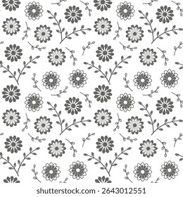 Seamless vector pattern with hand drawn daisy flowers and decorative branches in a monochrome color scheme. Design for fabric, wallpaper, gift wrap, scrapbooking, and digital backgrounds.