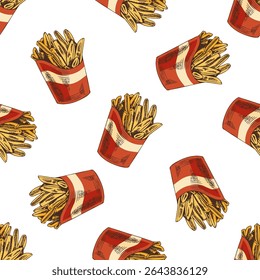Seamless vector pattern with hand drawn french fries in red paper box. Vintage style sketch in color. Great for fast food packaging, menu design, restaurant branding, textile and wrapping paper. 