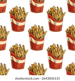 Seamless vector pattern with hand drawn french fries in red paper box. Vintage style sketch in color. Great for fast food packaging, menu design, restaurant branding, textile and wrapping paper. 