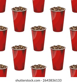 Seamless vector pattern with hand drawn soft drink in red paper cup filled with ice cubes. Vintage sketch style in color. Ideal for fast food branding, menu design, textile and backgrounds. 