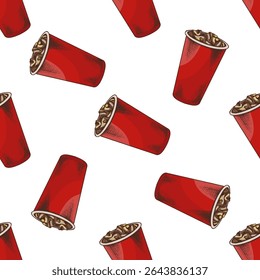 Seamless vector pattern with hand drawn soft drink in red paper cup filled with ice cubes. Vintage sketch style in color. Ideal for fast food branding, menu design, textile and backgrounds. 