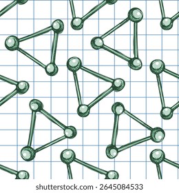 Seamless vector pattern with hand drawn vintage style molecules. Green pastel color palette on a squared notebook paper background. Educational and scientific theme.