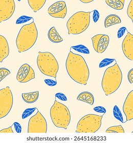 Motif harmonieux d'Image vectorielle avec des citrons abstraits dessinés à la main. Arrière-plan art contemporain agrumes. Texture La dolce vita pour fond d'écran, papier d'emballage, textile