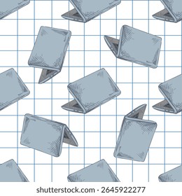 Seamless vector pattern with hand drawn vintage sketch of laptops in color on notebook grid background. Perfect for school, education, tech and digital-themed designs.