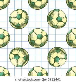 Seamless vector pattern of hand drawn soccer balls in yellow and green, vintage sketch style on notebook background. Great for school and sports-themed designs.