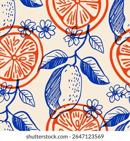 Seamless vector pattern with hand drawn lemons, lemon slices, flowers, and leaves in ink sketch style. Elegant Mediterranean fruit design in yellow and blue for textiles, wrapping paper, kitchen