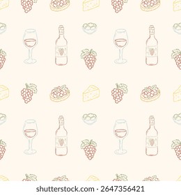 Seamless vector pattern with hand drawn Italian food elements: wine, grapes, cheese, bruschetta, olives in pastel colors. Line art vintage wallpaper for restaurant, kitchen textiles, menu, wrapping.
