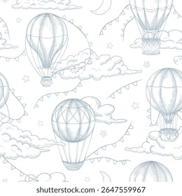 Seamless vector Pattern with hand drawn aerostats and clouds in linear style. Outline drawing of background with hot air Balloons for nursery wallpaper or childish textile design. Etched illustration.