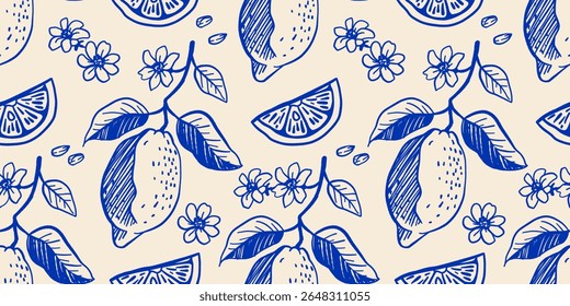 Seamless vector pattern with hand drawn lemons, lemon slices, flowers, and leaves in ink sketch style. Elegant Mediterranean fruit design in yellow and blue for textiles, wrapping paper, kitchen