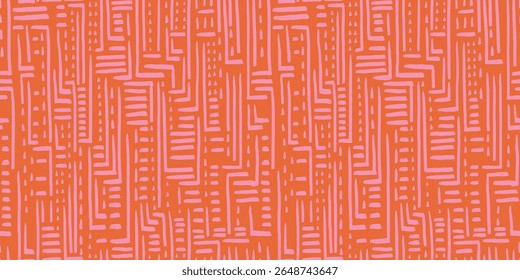 Seamless vector pattern with hand drawn abstract geometric lines and shapes in coral and pink tones. Template for backgrounds, packaging, textiles, home decor, and ethnic inspired designs