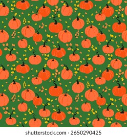 Seamless vector pattern with hand drawn pumpkins and autumn leaves on a deep green background. Template for fall designs, Thanksgiving decor, fabric prints, packaging, seasonal projects