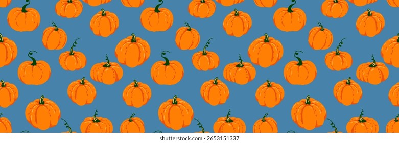 Seamless vector pattern with hand drawn orange pumpkins on a blue background. Template for autumn, Thanksgiving, Halloween, seasonal packaging, fabric, and fall themed projects