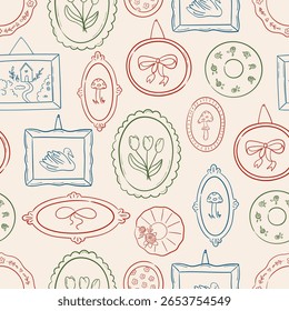 Padrão de vetor sem costura com quadros vintage desenhados à mão. Fundo com pinturas caprichosas e pratos decorativos. Textura coquette Cottagecore para papel de parede, papel de embrulho, design têxtil