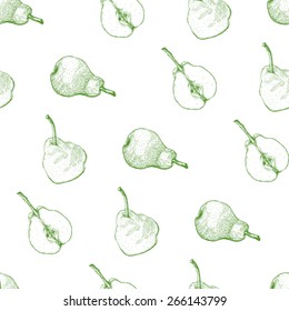 Seamless vector pattern hand drawn vintage illustration of green and white pear on white background