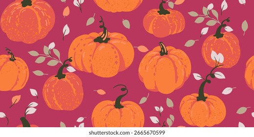 Seamless vector pattern with hand drawn pumpkins and fall leaves on a burgundy background. Template for autumn, Thanksgiving, harvest decor, fabric, and seasonal design projects
